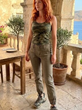 PAIGE💋Khaki Green Cargo Jeans, Elastic Zippered Cuff Front&Back Pockets Sz 26